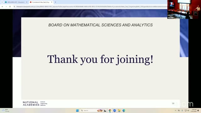 The meeting's actual final slide: "Board on Mathematical Sciences and Analytics / Thank you for joining!" — confirms this was the close of the full two-day event.