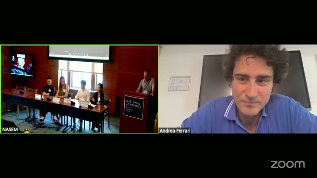 The panel mid-session: four panelists and the moderator at the table, with Andrea Ferrari joining virtually at right.